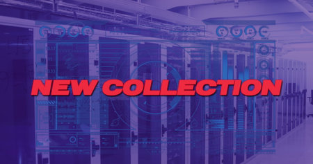 Displaying bold red text reading NEW COLLECTION in server room, with racks, interface overlays....