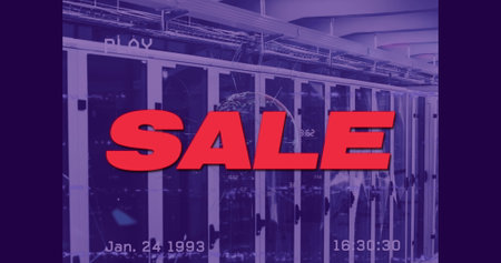 Showing red SALE overlay dominating server aisle, featuring racks cables trays globe and timestamp. Technology, data, digital, enterprise, industrial, modernization, networkの写真素材
