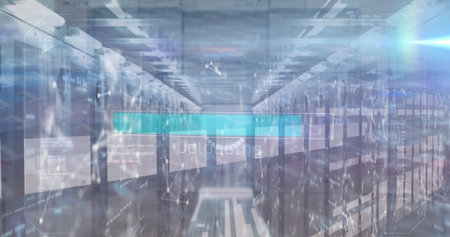 Displaying server cabinets with LED status panels in data center aisle, with uploading progress bar. Futuristic, technology, digital, network, infrastructure, abstract, high-techの写真素材