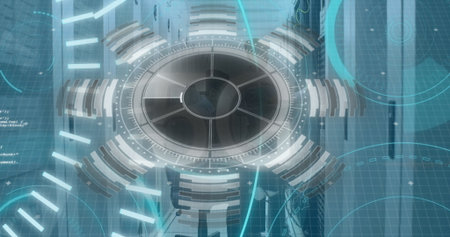 Rotating central reactor device projecting holographic grid lines in control room, cyan arcs....