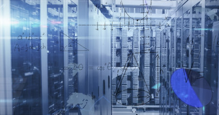 Displaying long narrow corridor running through data center, with server racks and formula overlays....