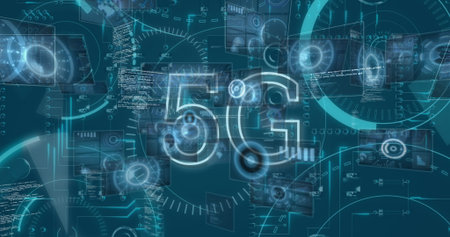 Floating central glowing 5G label hovering in network interface, with GUI panels and data charts....