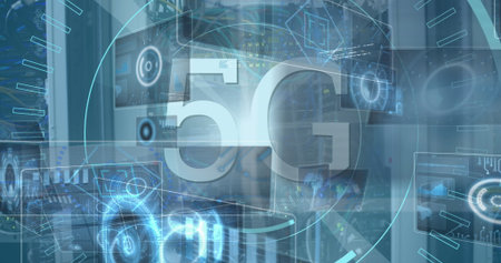 Network engineer projecting digital holographic charts in server room, with glowing 5G icon....