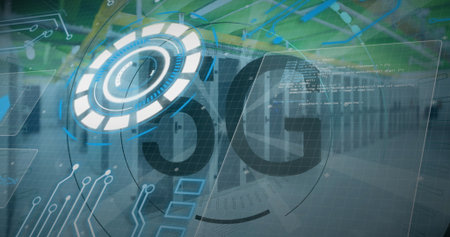 Displaying 5G logo and HUD ring graphic overlaying data center racks, with circuit traces and code....