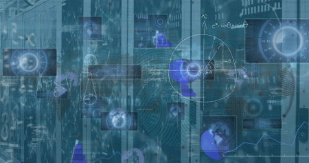Displaying holographic interface showing code flow, network nodes over server racks at data center....