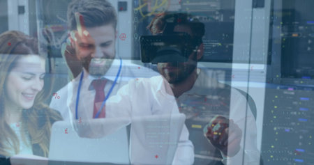 Man with VR headset interacting with holographic code overlays in data center, with server racks....