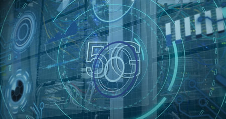 Displaying holographic 5G interface overlaying server racks with LED lights, cables in data center. Technology, data, connectivity, digital, futuristic, network, innovationの写真素材