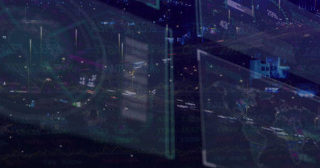 Floating digital panels displaying market graphs over night city highway, showing live stock data....