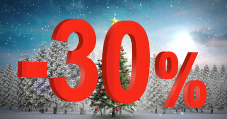 Large red 3D -30% symbol standing in snow-covered forest clearing, with decorated Christmas tree....