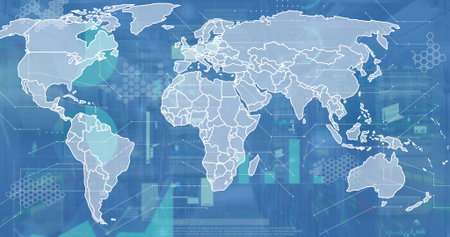 Displaying white world map over server rack interface showing hex grids, bar charts and data points. Geography, analytics, technology, interface, data, innovation, visualizationの写真素材
