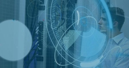 Inspecting technician in dress shirt reaching toward network switches in server room, copy space. Technology, infrastructure, cybersecurity, digital, industrial, innovation, connectivityの写真素材