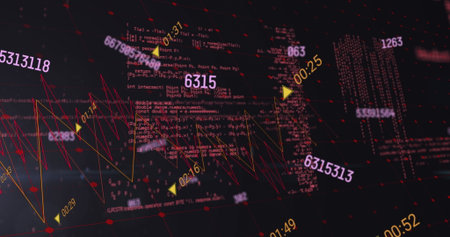 Visualizing abstract cluster projecting in digital grid, with code snippets red nodes yellow arrows....