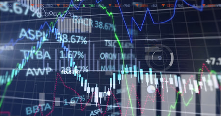 Displaying financial market chart on trading interface, with candlestick bars, colored trend lines. Financial, analytics, interface, technology, data, investment, precisionの写真素材