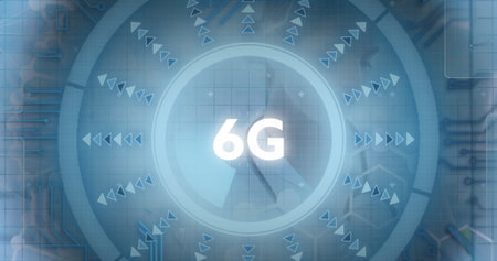 Displaying 6G holographic circular interface on grid, with radiating arrows and circuit traces....