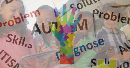 Holding tablets seven children sitting on couch in living room, with colorful puzzle piece overlay. Learning, technology, education, diversity, inclusion, collaboration, playfulの写真素材