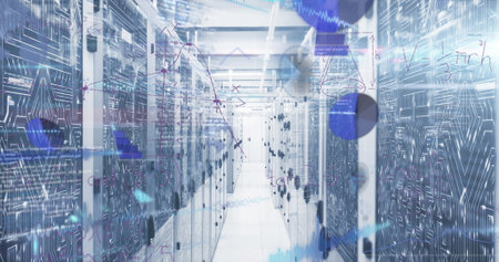 Displaying server racks lining data center corridor with switches, blinking LEDs, circuit overlays....