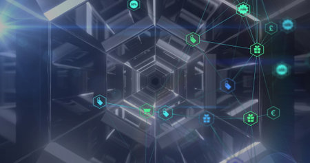 Forming metallic hexagonal tunnel in cyberspace, with glowing carts, neon lines, retail symbols....