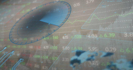 Displaying financial dashboard overlaying facade, with gauge dial and line graphs and delta arrows. Finance, data analytics, dashboard, visualization, technology, business, innovationの写真素材