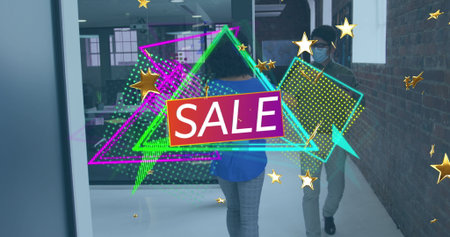 Floating digital neon SALE overlay across office corridor, with masked coworker in blue blouse. Corporate, professionalism, digital, vibrant, technology, teamwork, modernityの写真素材