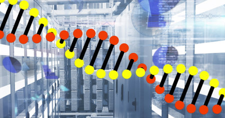 Server aisle hosting network equipment in data center, with stylized DNA helix and digital overlays....