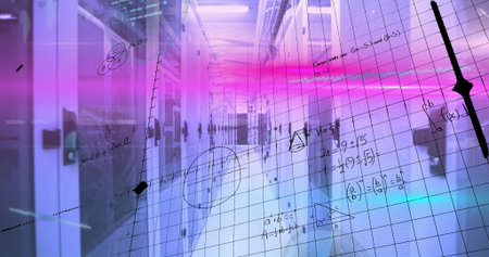 Showcasing server rack aisle in data center under bluish lighting with blinking LEDs, grid overlay....