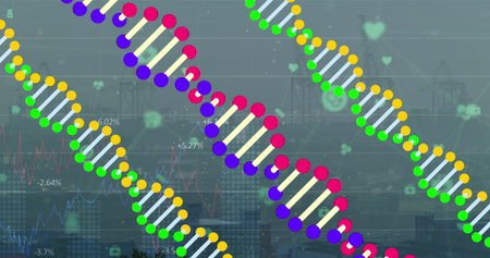 Displaying colorful DNA helices weaving across city skyline, with line charts and icons. Biotech,...