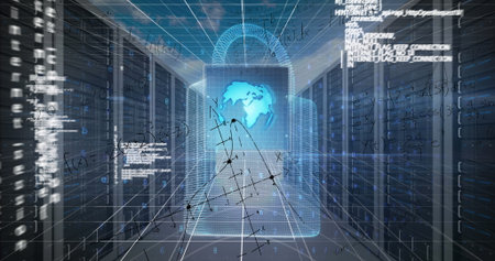 Floating holographic lock lighting server corridor, with glowing blue globe and digital grid lines....