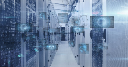 Highlighting server aisle running through data center, showing cable trays and digital overlays....