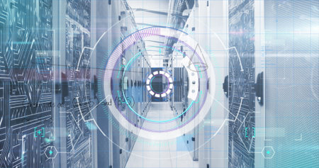 Showcasing data center aisle featuring tall server racks and cable trays, with holographic overlay....