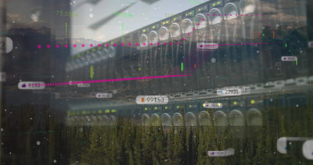 Streaming server rack showing LED lights in data center, blending financial data with pine trees....