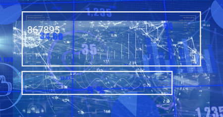 Displaying two white-outlined data panels in dashboard, with network node diagram and line graph. Futuristic, analytics, digital, interface, technology, visualization, abstractの写真素材