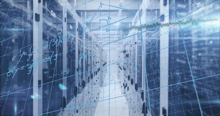 Highlighting central data center aisle, showcasing server racks and digital grid overlay....