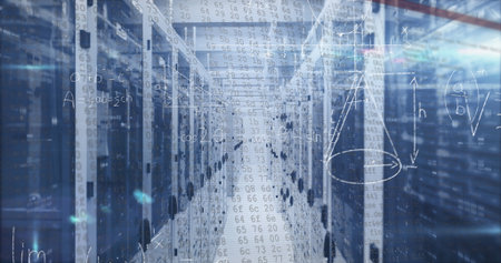 Server racks glowing under blue light in data center corridor, with code and math diagrams overlay....