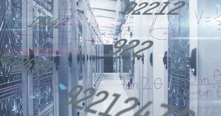 Showing central corridor in data center holding rack-mounted servers and cable trays, math overlay....