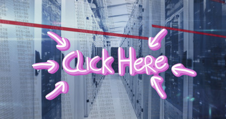 Illuminating neon Click Here sign with pink-white arrows shining in server aisle with server racks....