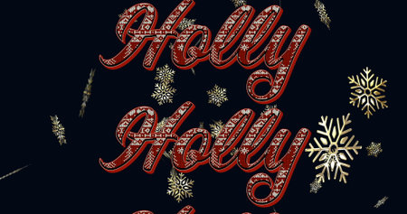 Displaying red cursive 'Holly Jolly' text on dark navy background, with gold snowflake decoration. Festive, holiday, seasonal, graphic design, digital art, celebration, decorativeの写真素材