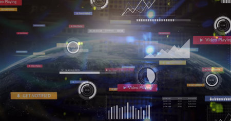 Displaying orbital space dashboard showing Earth globe with radial timers bar graphs pie chart....