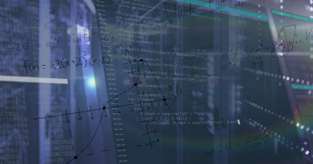 Displaying code snippets and math formulas overlaying server racks at data center with lens flare....