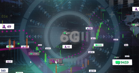 Displaying 6G network label pulsing at digital interface, with candlestick charts and user icons....
