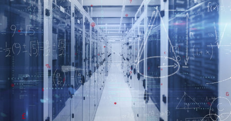Highlighting data center aisle featuring server cabinets with blinking LEDs, digital overlays....