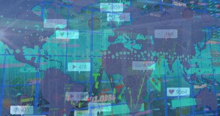 Displaying world map with social media icons, metrics, location pins at office with chart overlays....