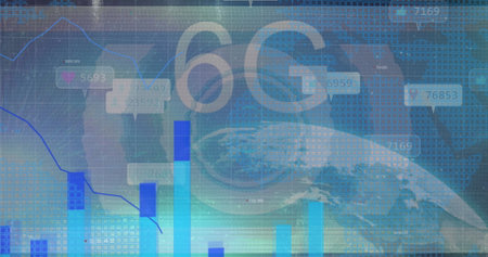 Floating semi-transparent 6G hovering over Earth in digital space, showing grid, charts and widgets....
