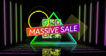 Highlighting neon triangle pulsing on reflective floor in studio, with QR code, sale banner, tubes. Futuristic, technology, digital, vibrant, reflective, immersive, modernの写真素材