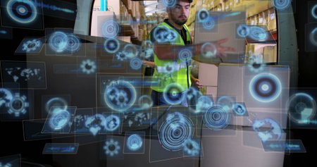 Warehouse worker in safety vest arranging cardboard boxes in warehouse, with shelving and holograms....