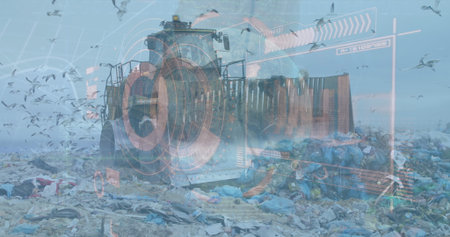 Pushing compactor bulldozer compressing waste at open landfill, with seagulls and digital overlay....