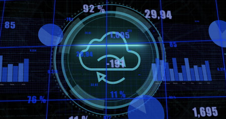 Displaying circular infographic with cloud icon and arrow on computer screen, with bar charts....
