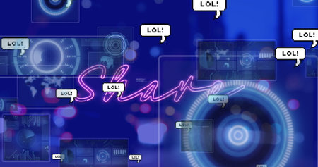 Floating neon pink Share text hovering at digital interface, with LOL bubbles, data and HUD circles....