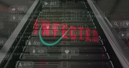 Displaying rack-mounted servers glowing with infected neon sign and overlay icons in data center....