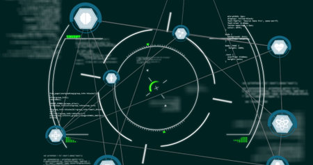 Showing central circular HUD interface in control panel, with green indicator, nodes and code text....