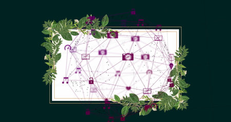 Displaying purple network with envelope, camera, music, lock icons in gold border panel with leaves. Technology, connectivity, innovation, digital, communication, cyber security, network architectureの写真素材